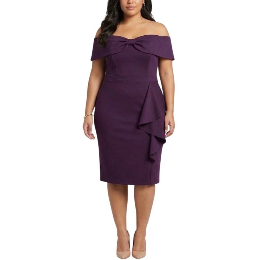 XSCAPE Purple Cocktail Dress Off the Shoulder Ruched Bow Accent Sheath Size 16